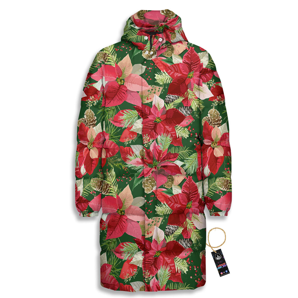 Poinsettia Christmas Vintage Print Pattern Long Down Jacket-grizzshop