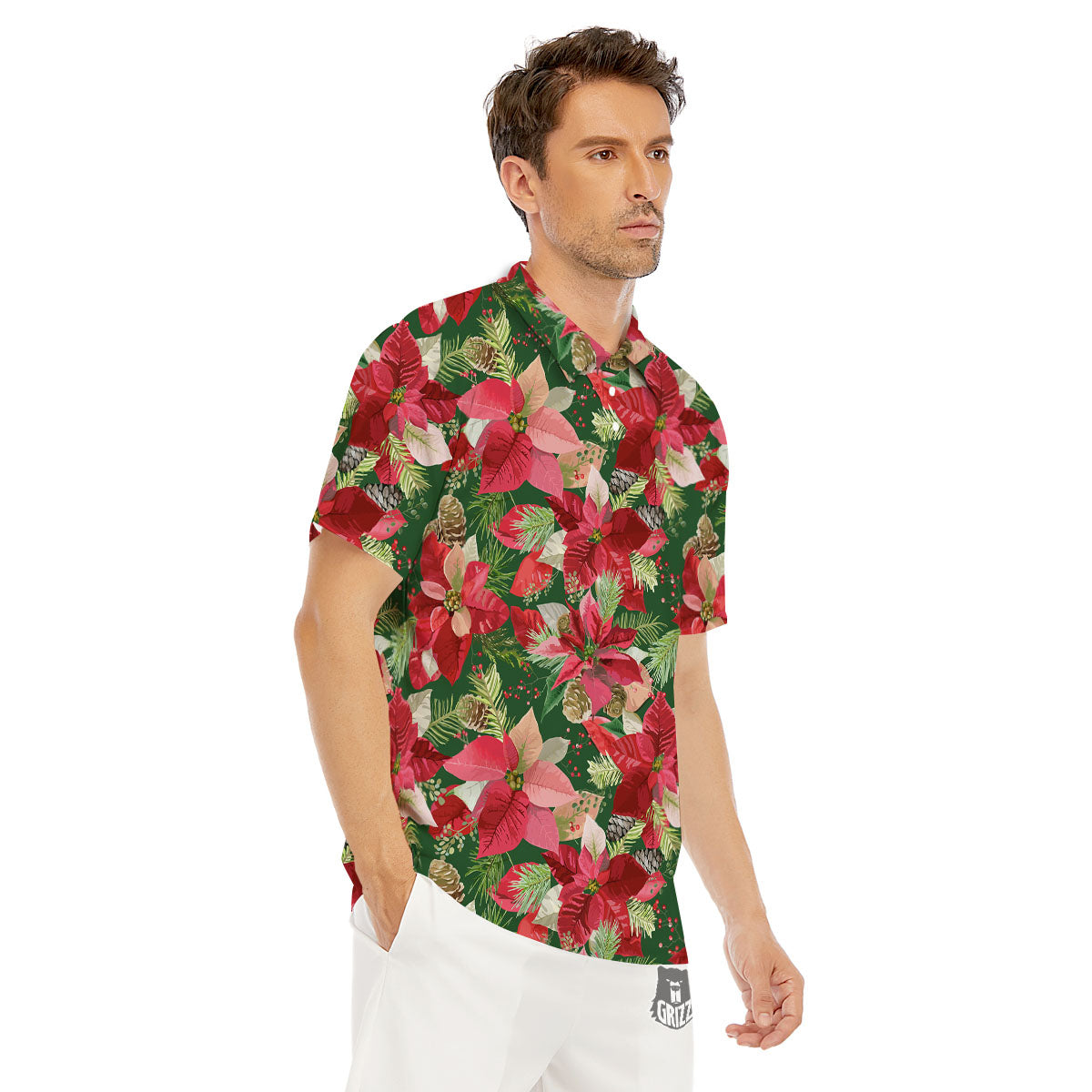 Poinsettia Christmas Vintage Print Pattern Men's Golf Shirts-grizzshop