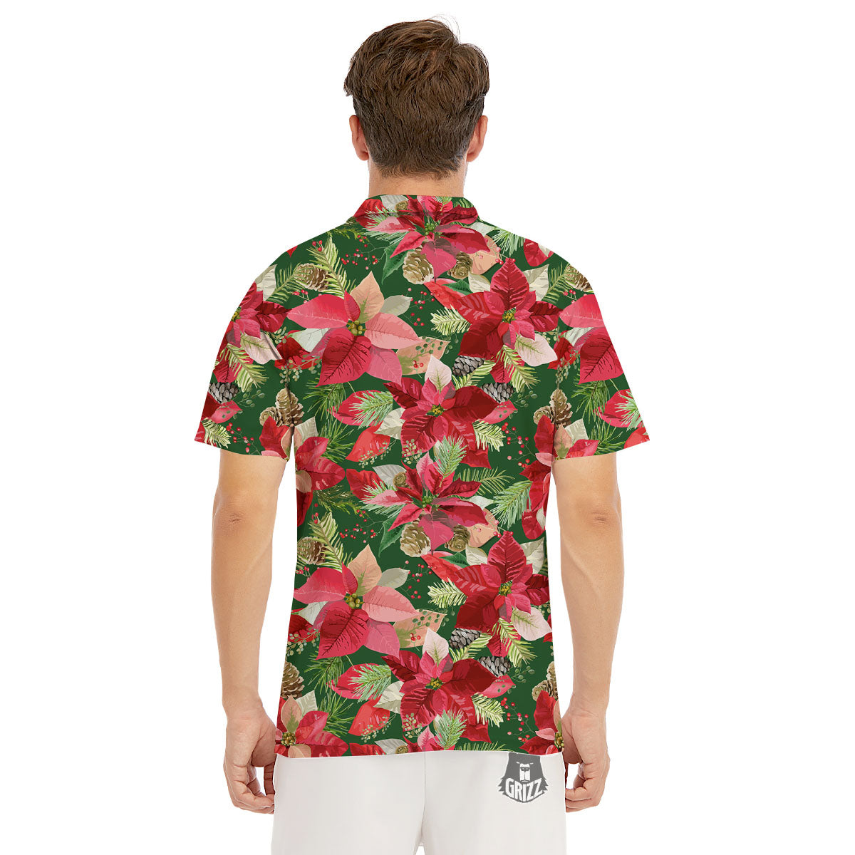 Poinsettia Christmas Vintage Print Pattern Men's Golf Shirts-grizzshop