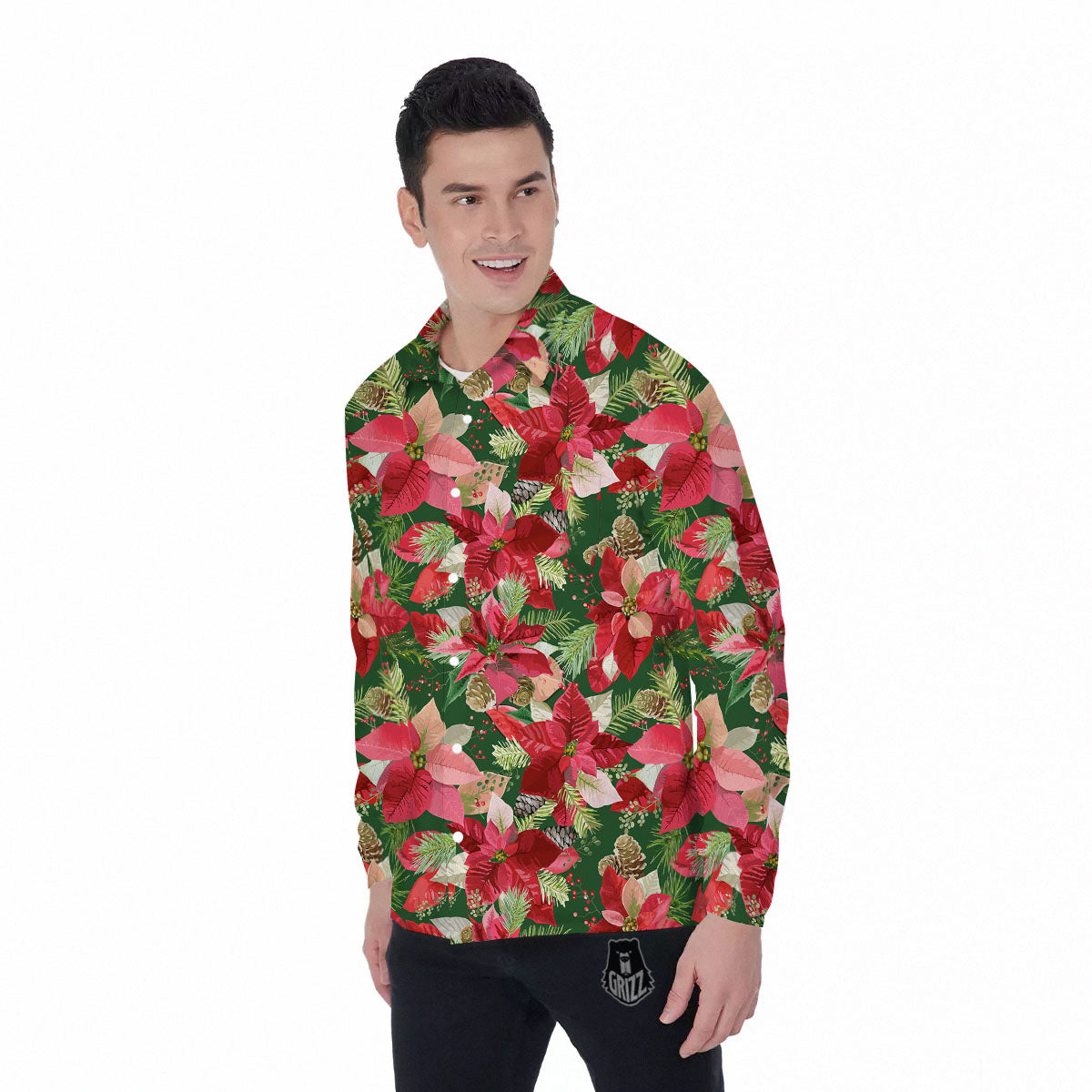 Poinsettia Christmas Vintage Print Pattern Men's Long Sleeve Shirts-grizzshop