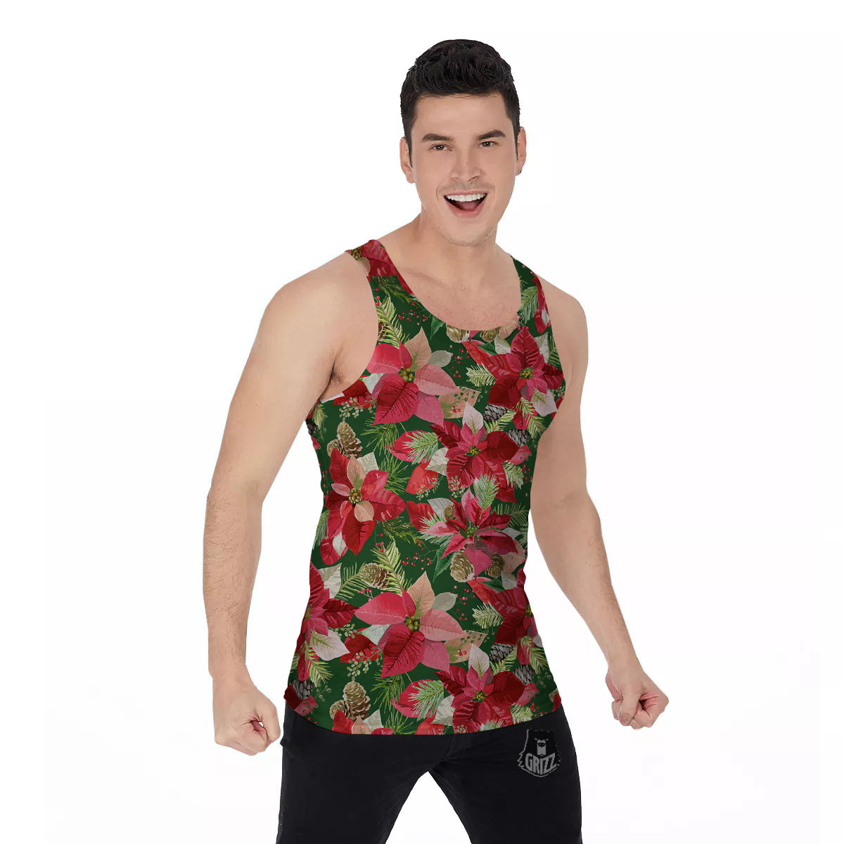 Poinsettia Christmas Vintage Print Pattern Men's Tank Top-grizzshop