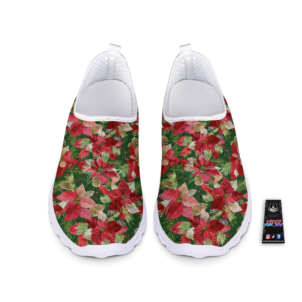Poinsettia Christmas Vintage Print Pattern Nurse Shoes-grizzshop