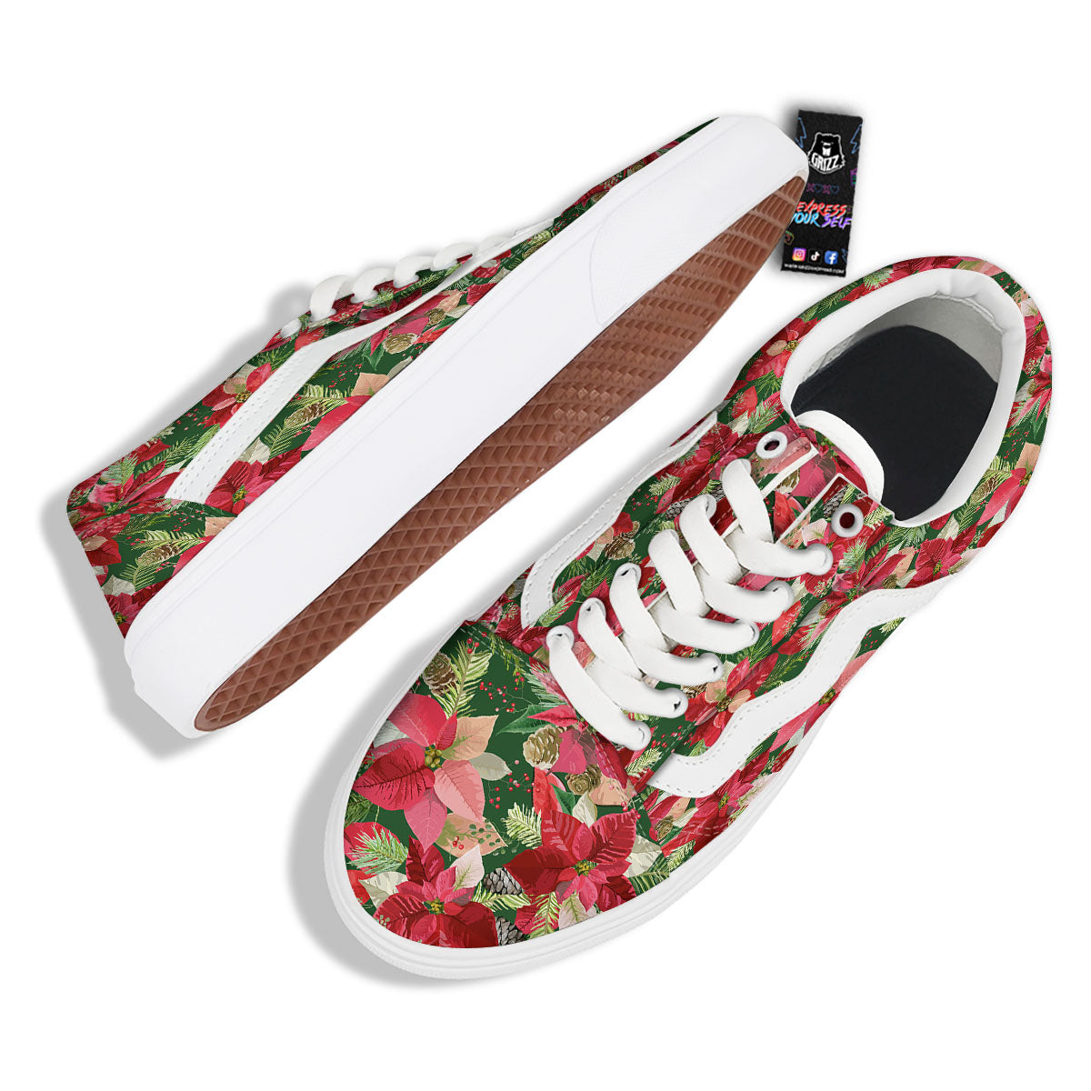 Poinsettia Christmas Vintage Print Pattern Skate Shoes-grizzshop