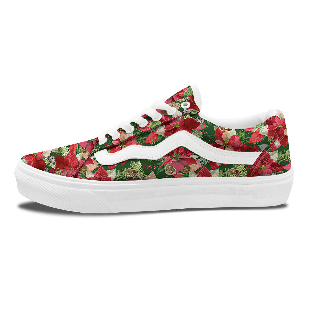 Poinsettia Christmas Vintage Print Pattern Skate Shoes-grizzshop