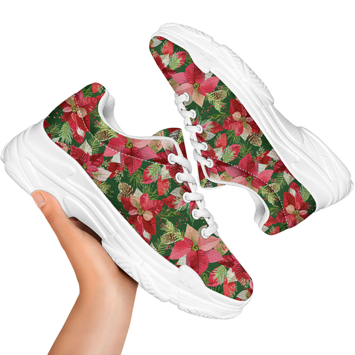 Poinsettia Christmas Vintage Print Pattern White Chunky Shoes-grizzshop