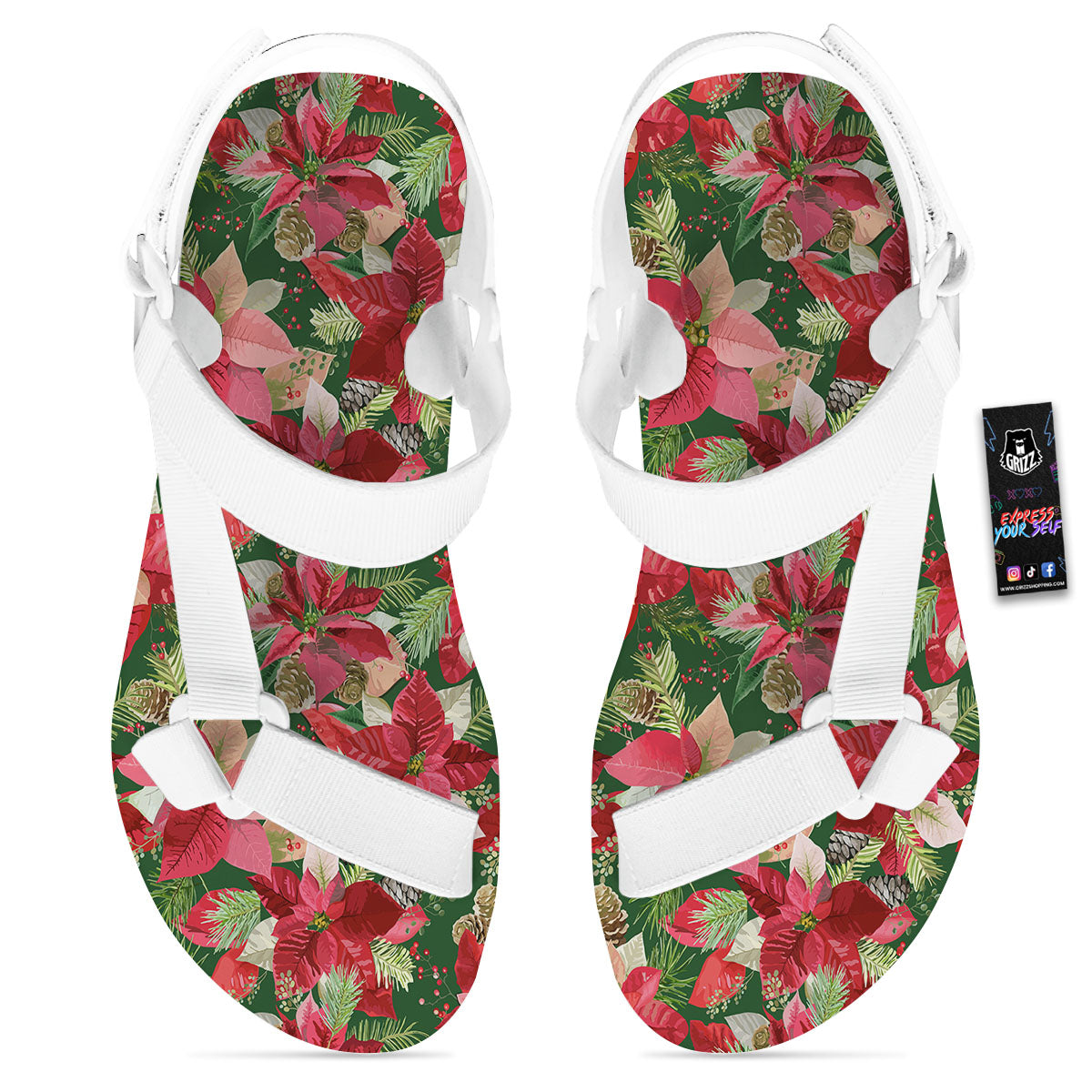 Poinsettia Christmas Vintage Print Pattern White Open Toe Sandals-grizzshop