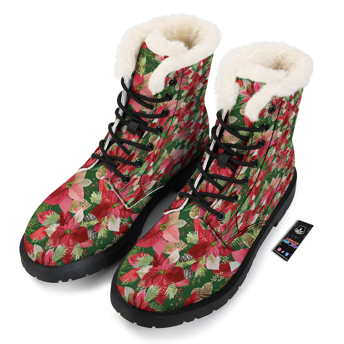 Poinsettia Christmas Vintage Print Pattern Winter Boots-grizzshop