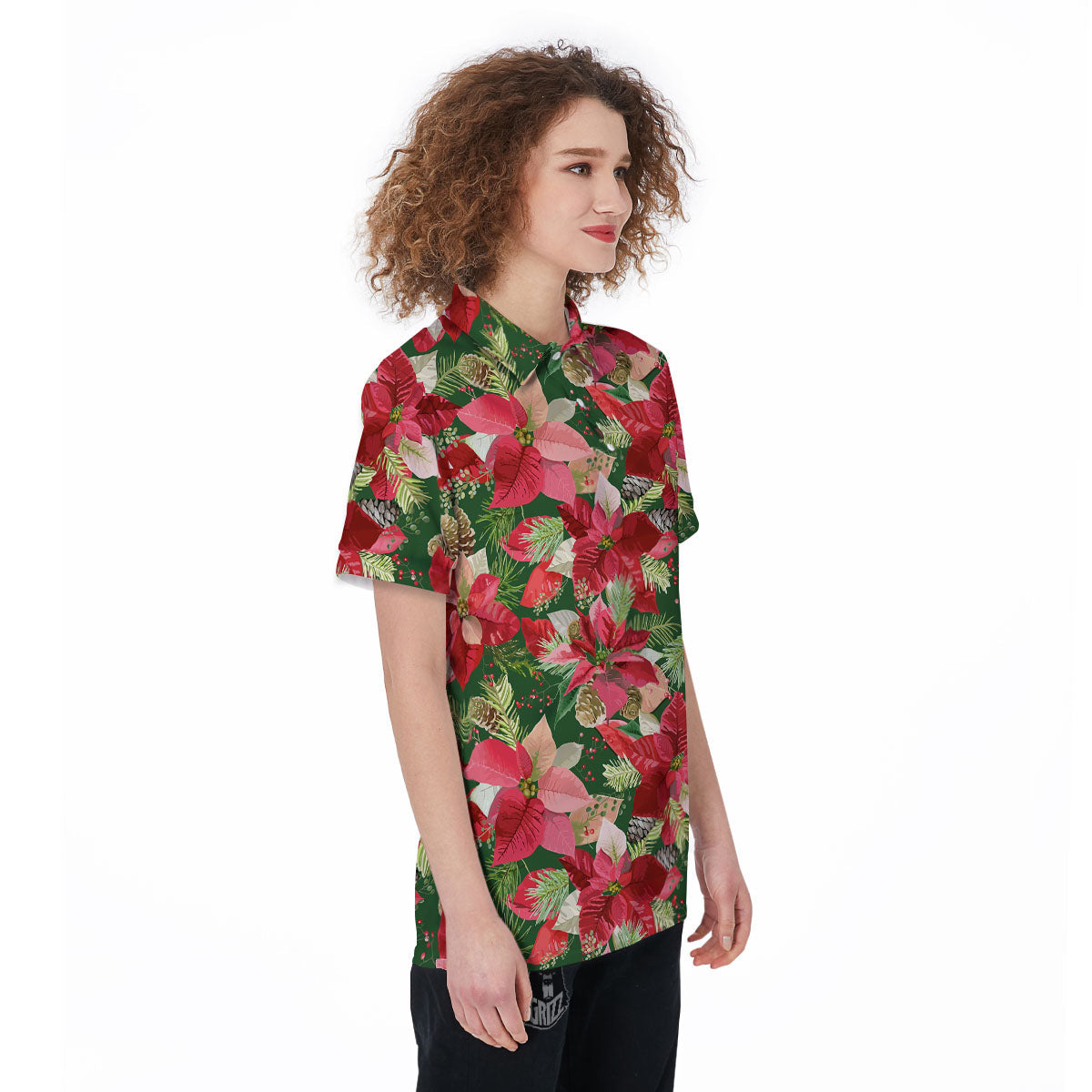 Poinsettia Christmas Vintage Print Pattern Women's Golf Shirts-grizzshop