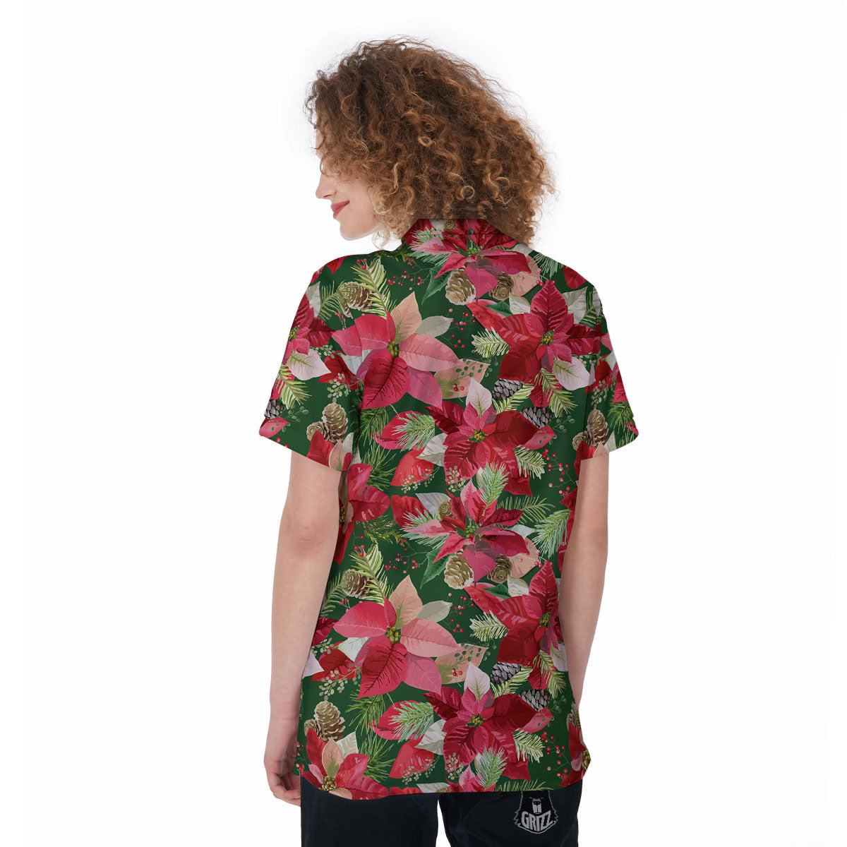 Poinsettia Christmas Vintage Print Pattern Women's Golf Shirts-grizzshop