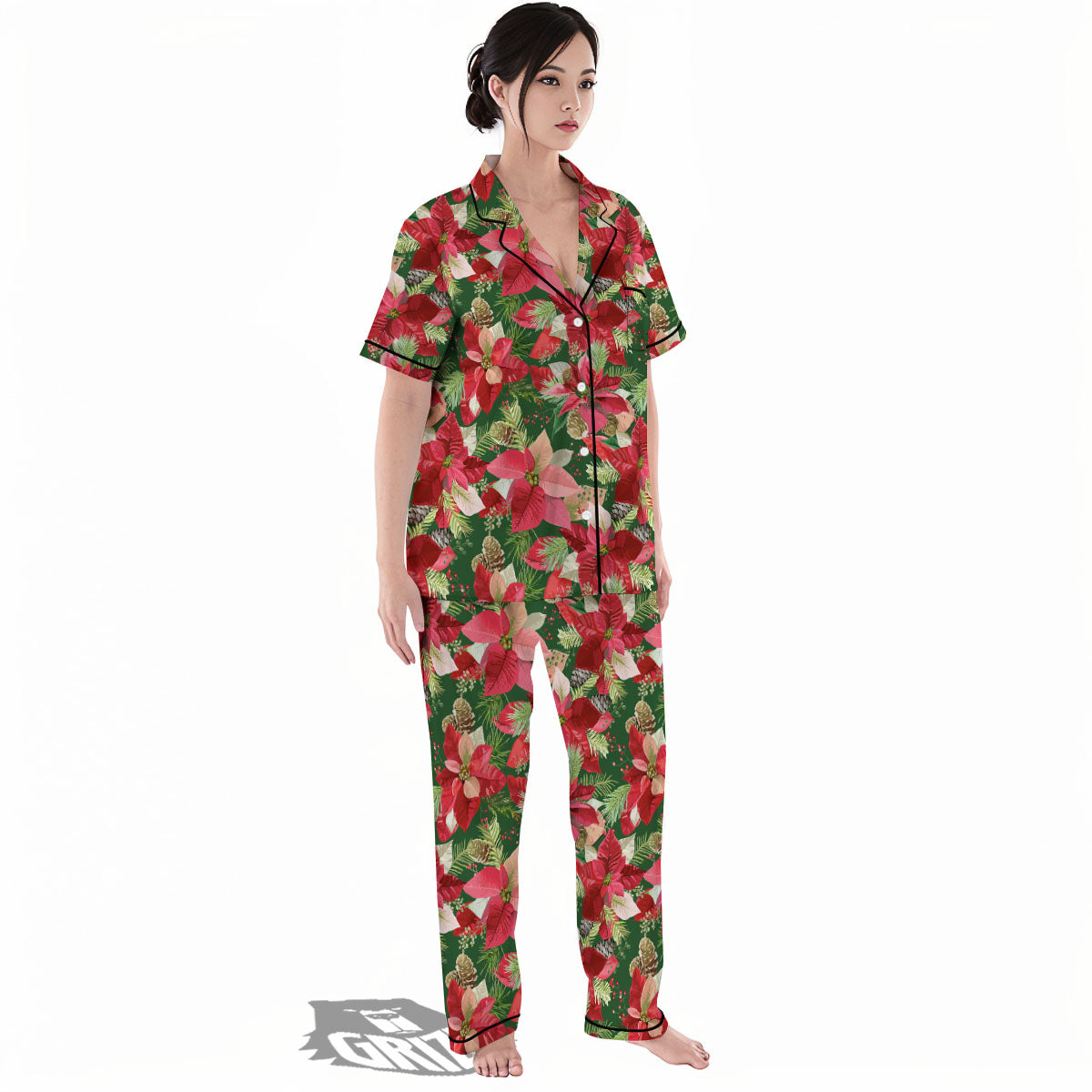 Poinsettia Christmas Vintage Print Pattern Women's Pajamas Set-grizzshop