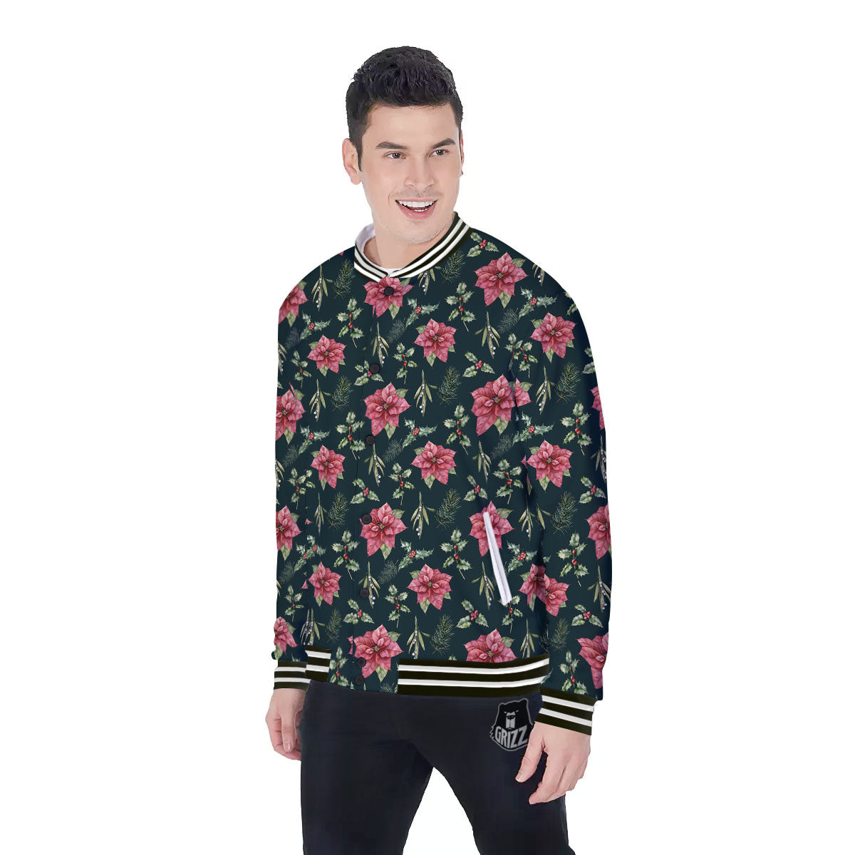 Poinsettia Christmas Watercolor Print Pattern Baseball Jacket-grizzshop