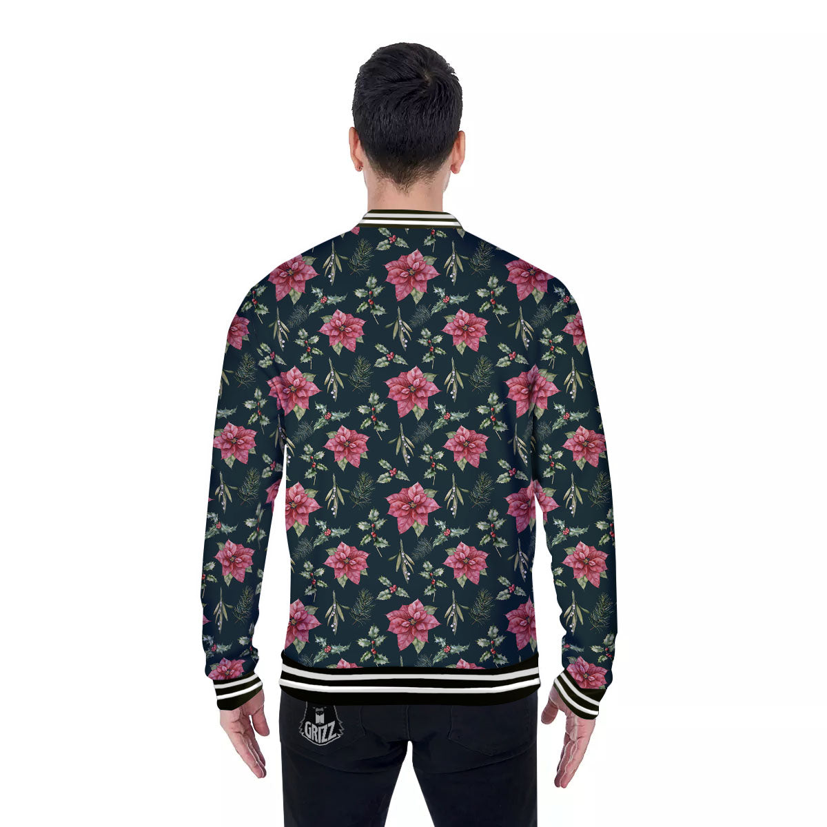 Poinsettia Christmas Watercolor Print Pattern Baseball Jacket-grizzshop