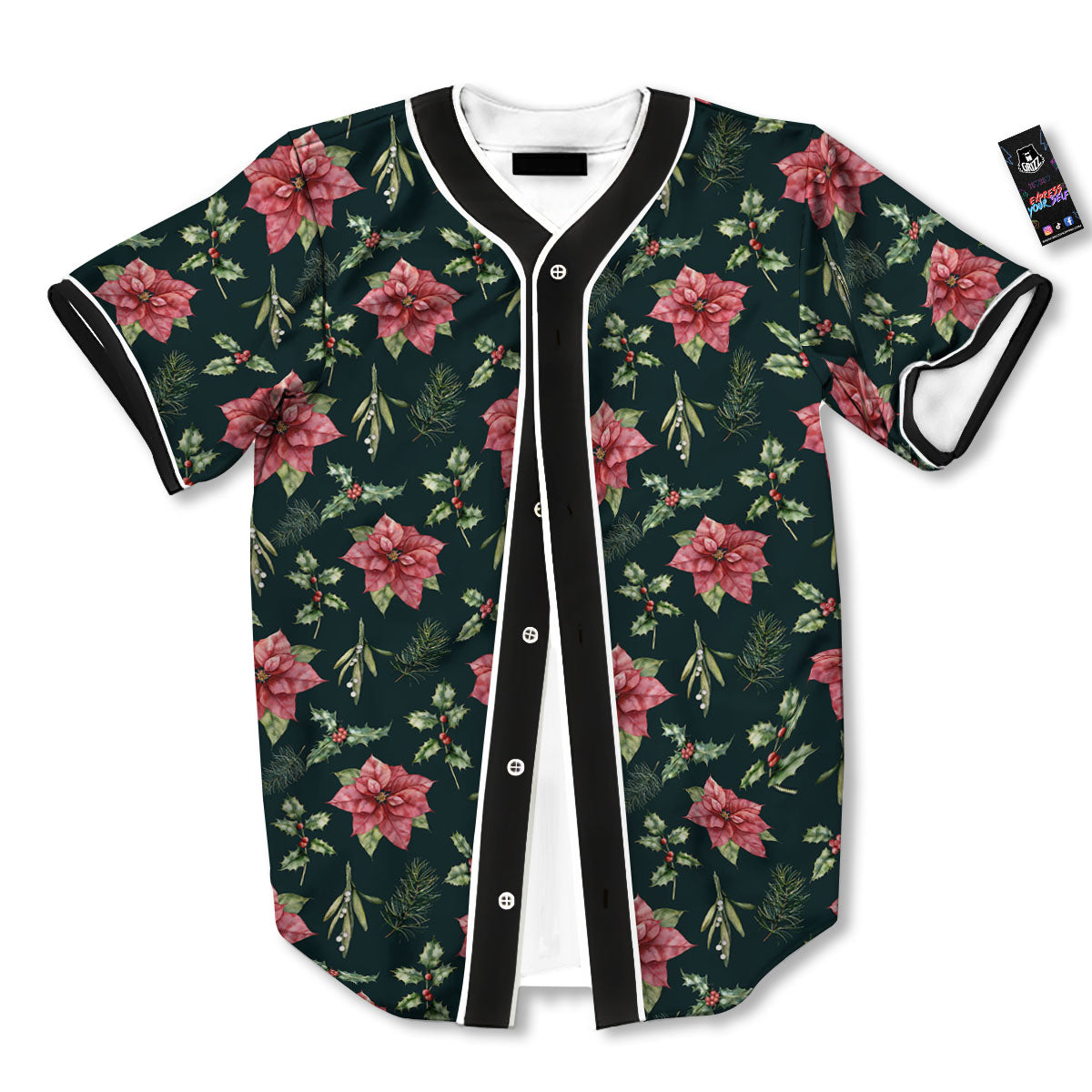 Poinsettia Christmas Watercolor Print Pattern Baseball Jersey-grizzshop
