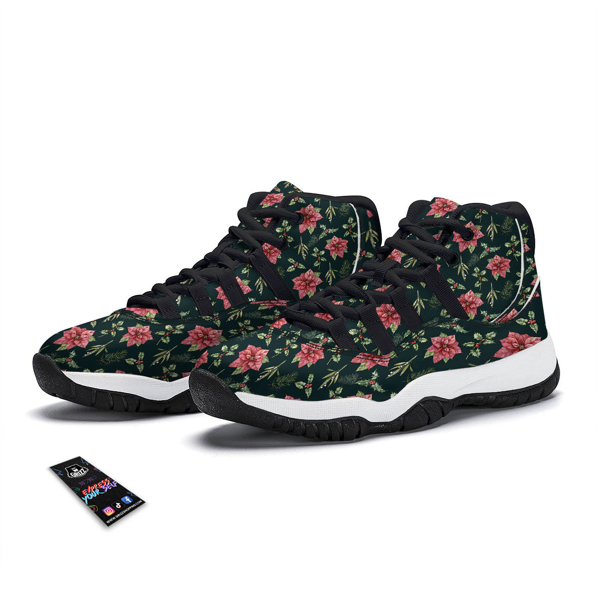 Poinsettia Christmas Watercolor Print Pattern Black Bball Shoes-grizzshop
