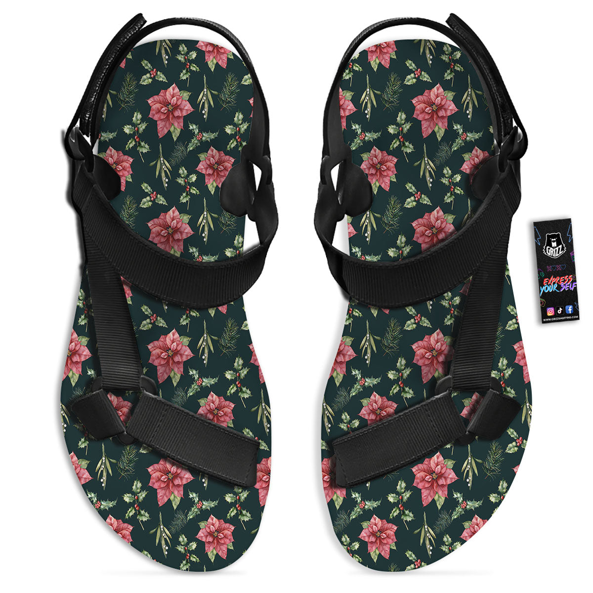 Poinsettia Christmas Watercolor Print Pattern Black Open Toe Sandals-grizzshop