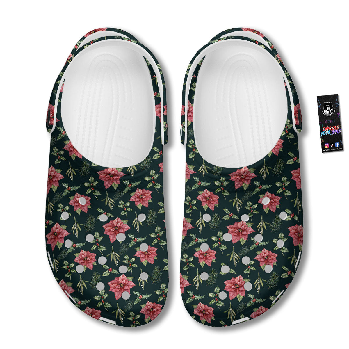 Poinsettia Christmas Watercolor Print Pattern Clog-grizzshop