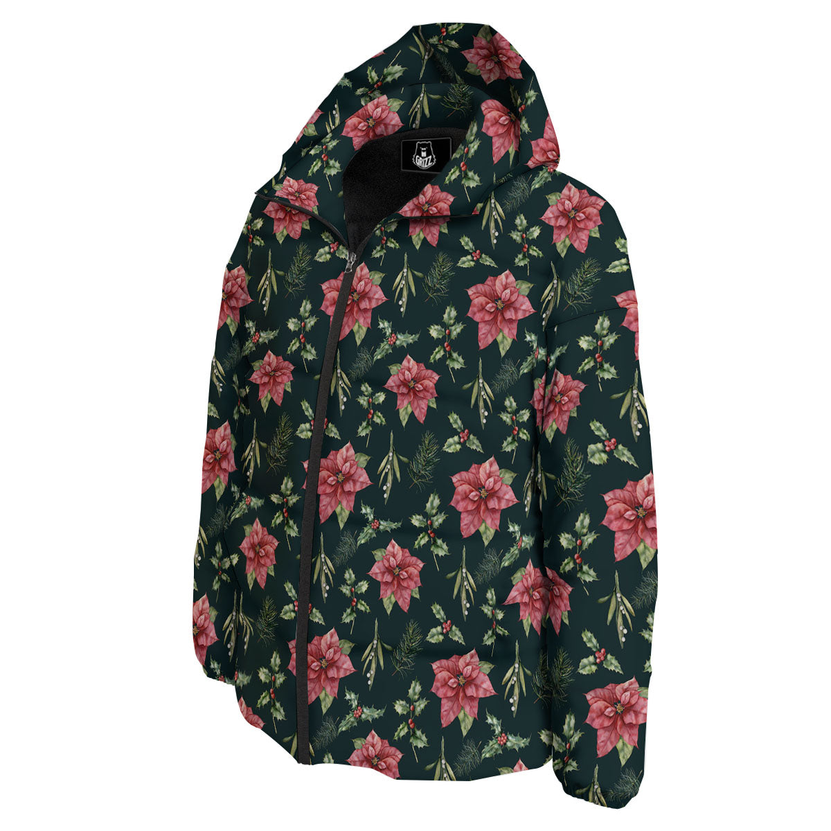 Poinsettia Christmas Watercolor Print Pattern Down Jacket-grizzshop