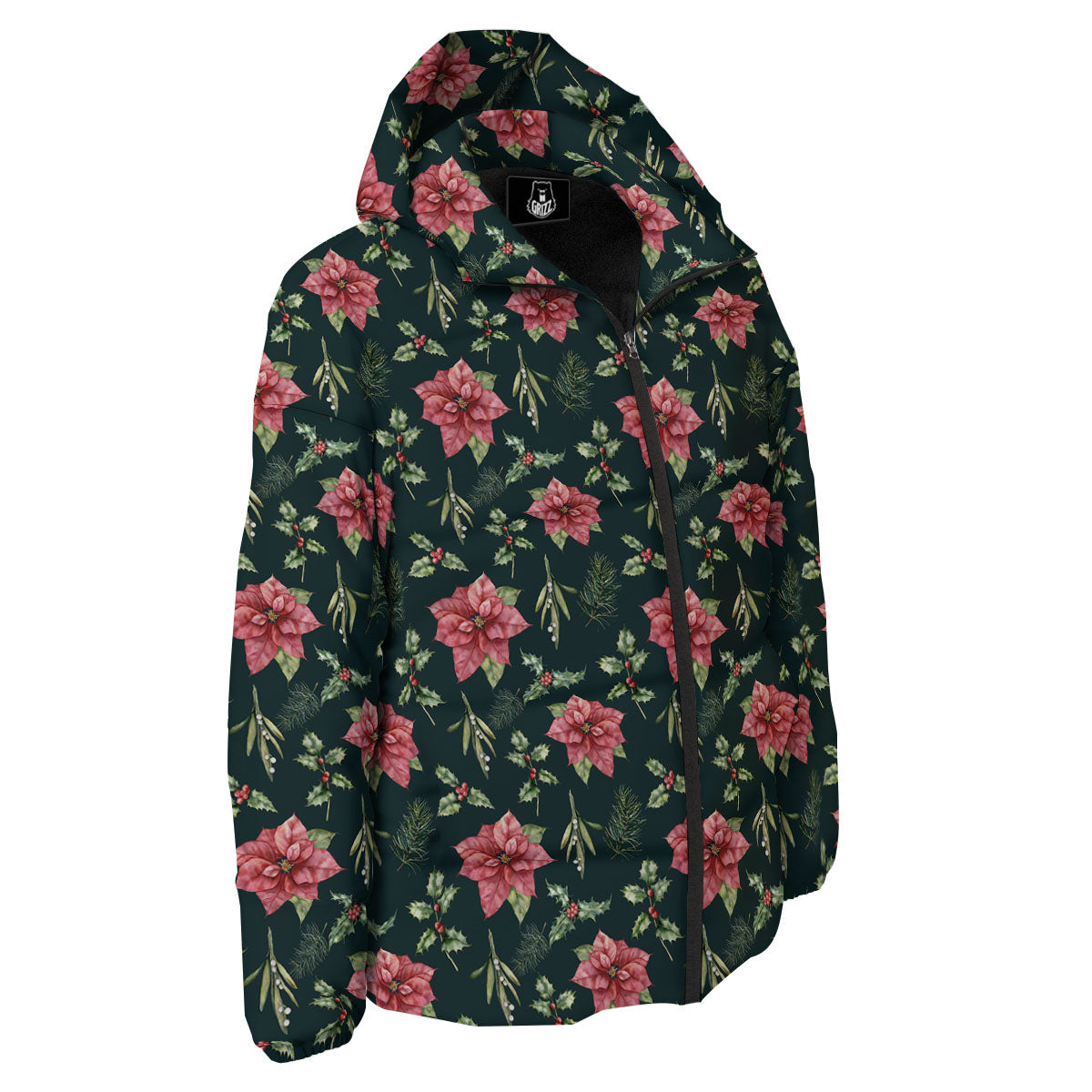 Poinsettia Christmas Watercolor Print Pattern Down Jacket-grizzshop