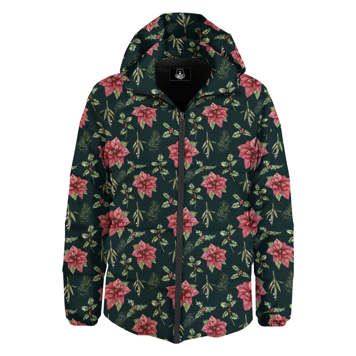 Poinsettia Christmas Watercolor Print Pattern Down Jacket-grizzshop