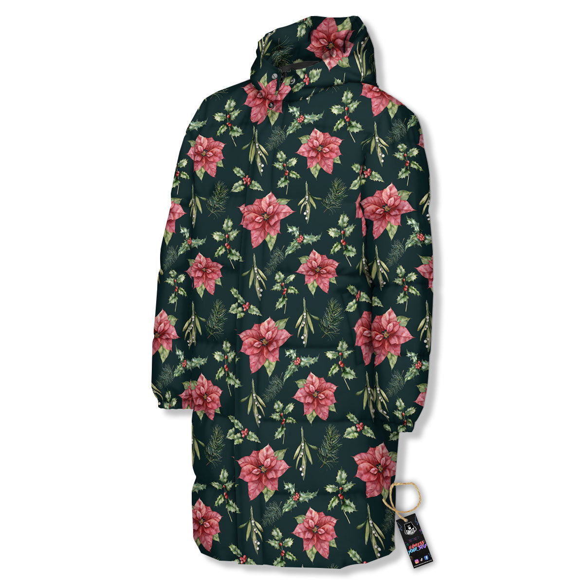 Poinsettia Christmas Watercolor Print Pattern Long Down Jacket-grizzshop