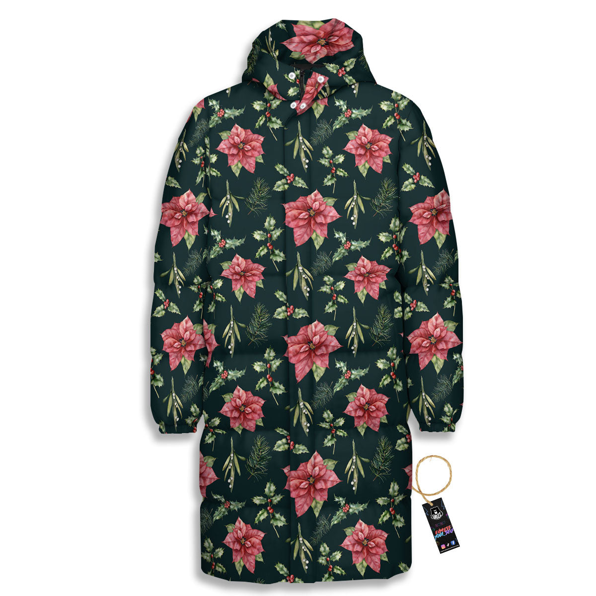 Poinsettia Christmas Watercolor Print Pattern Long Down Jacket-grizzshop