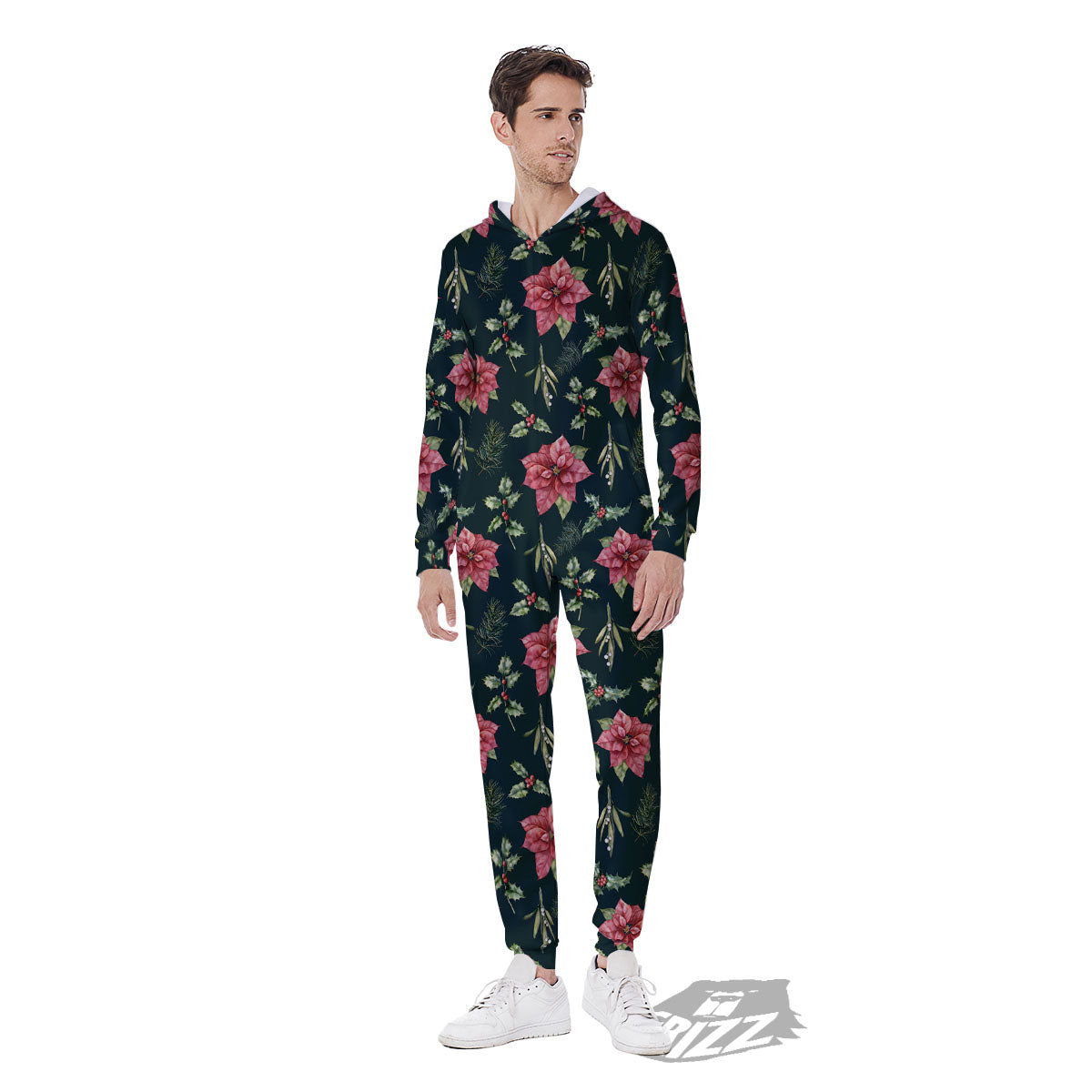 Poinsettia Christmas Watercolor Print Pattern Men's Jumpsuit-grizzshop