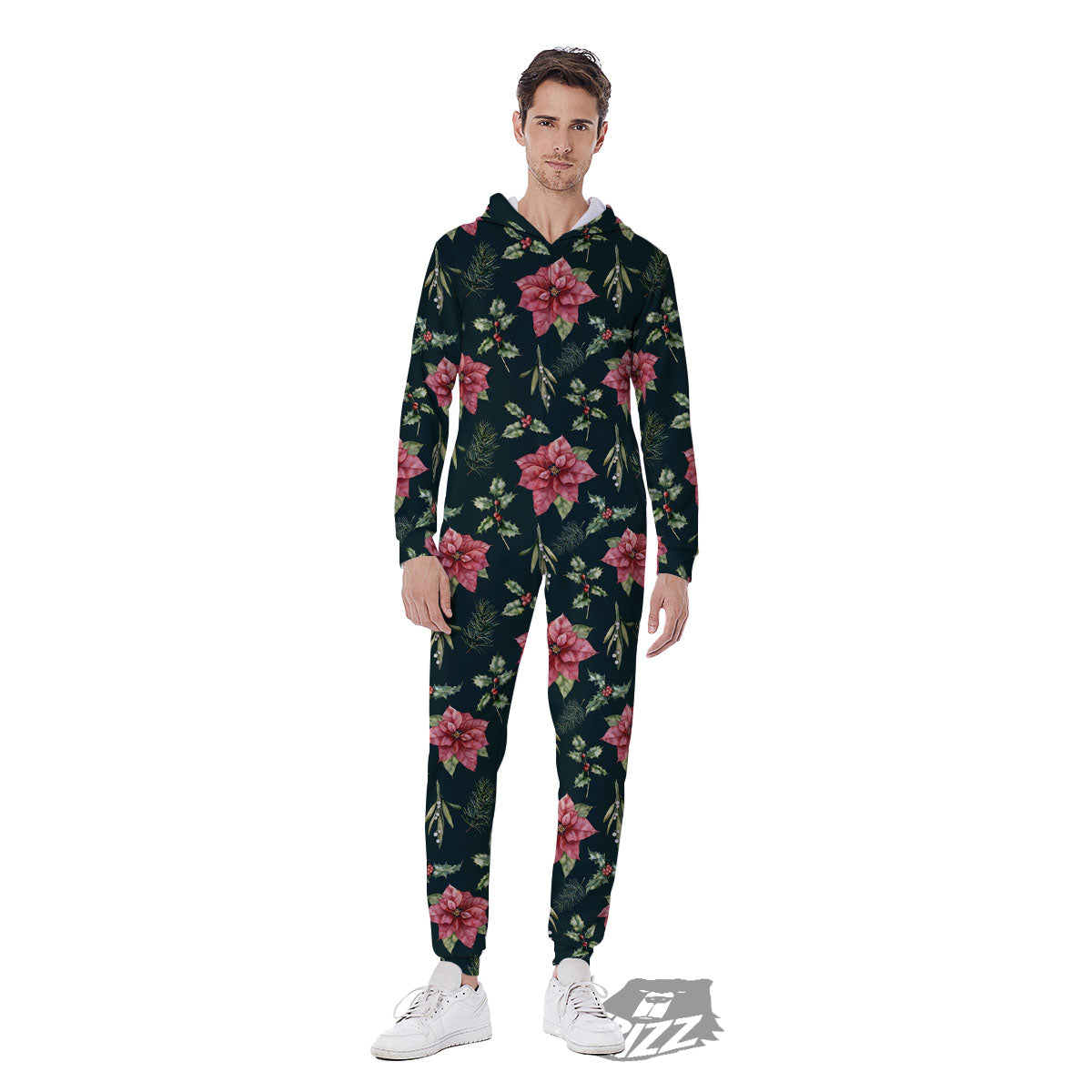 Poinsettia Christmas Watercolor Print Pattern Men's Jumpsuit-grizzshop