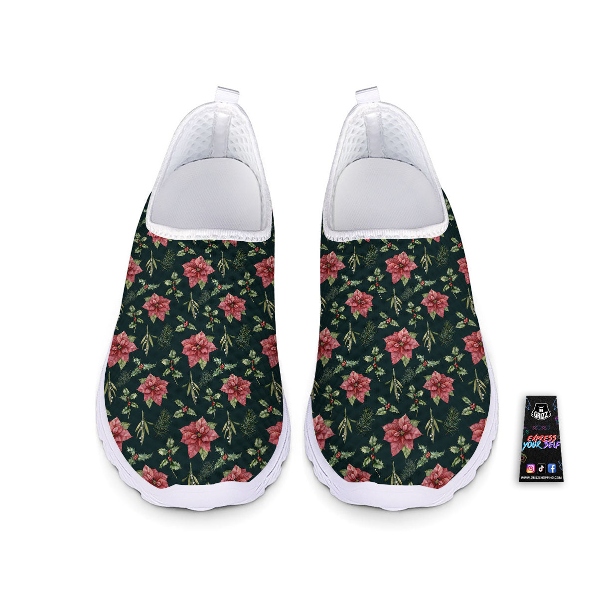 Poinsettia Christmas Watercolor Print Pattern Nurse Shoes-grizzshop