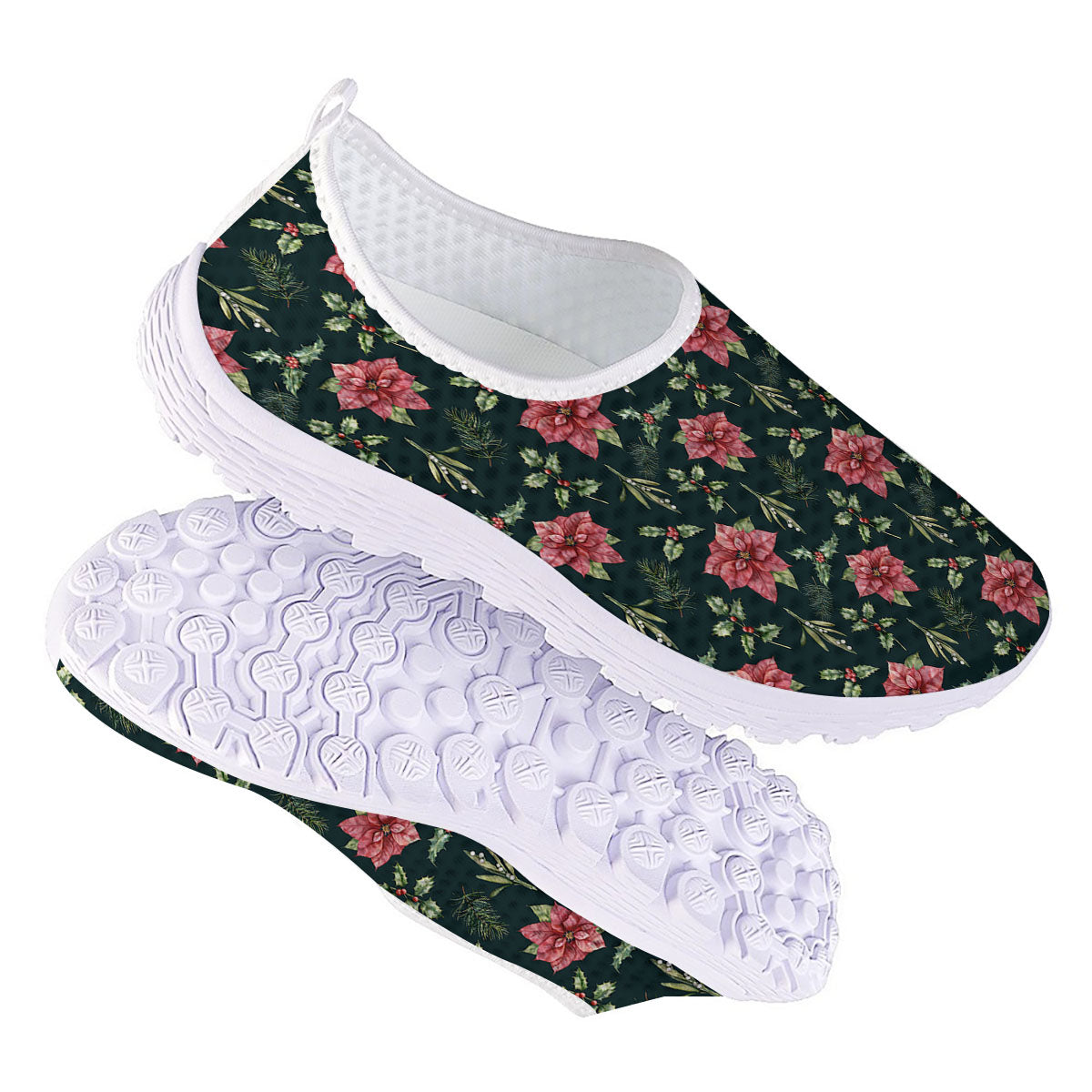 Poinsettia Christmas Watercolor Print Pattern Nurse Shoes-grizzshop