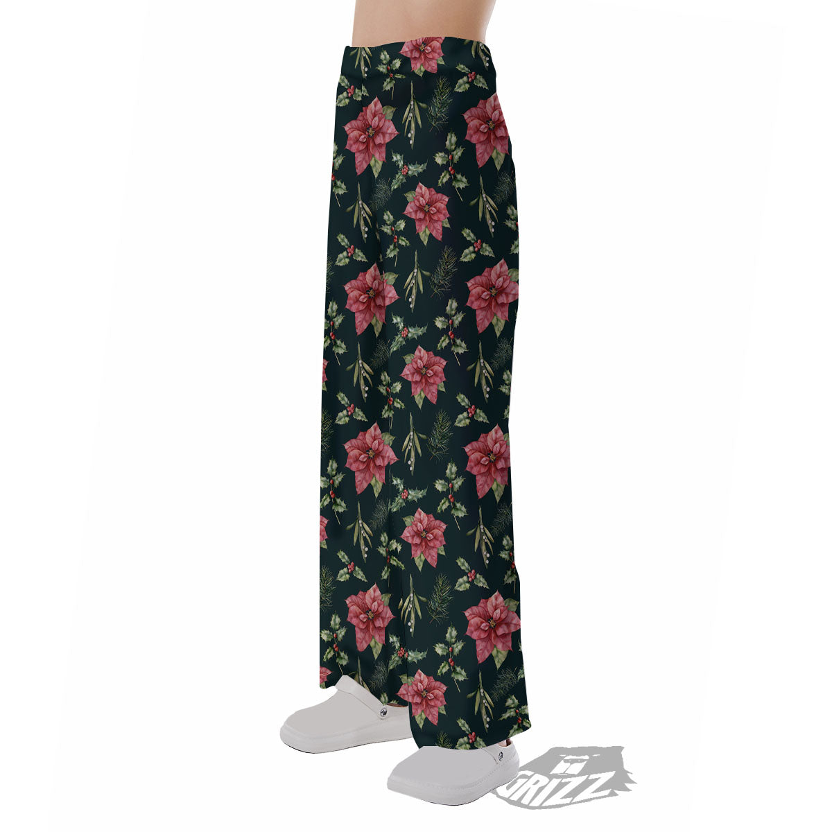 Poinsettia Christmas Watercolor Print Pattern Pajama Pants-grizzshop