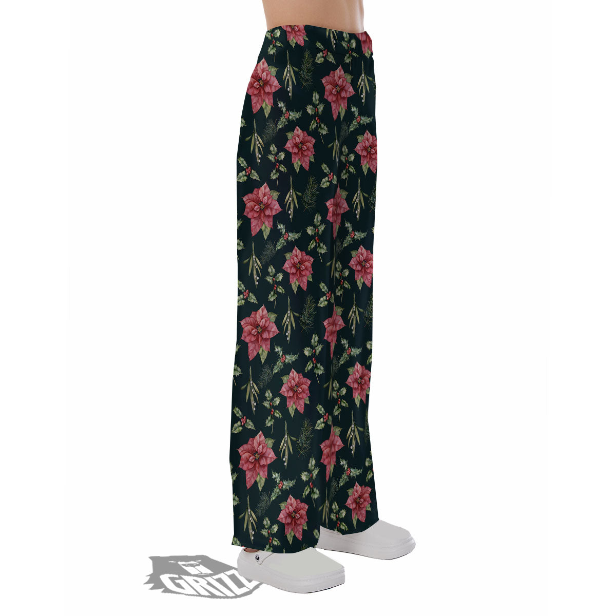Poinsettia Christmas Watercolor Print Pattern Pajama Pants-grizzshop