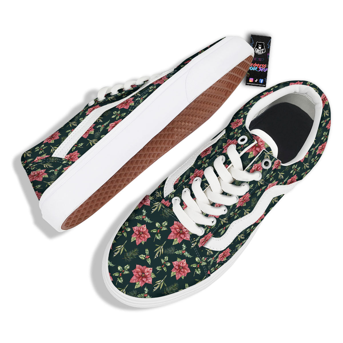 Poinsettia Christmas Watercolor Print Pattern Skate Shoes-grizzshop