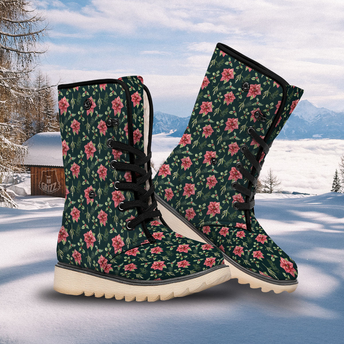 Poinsettia Christmas Watercolor Print Pattern Snow Boots-grizzshop