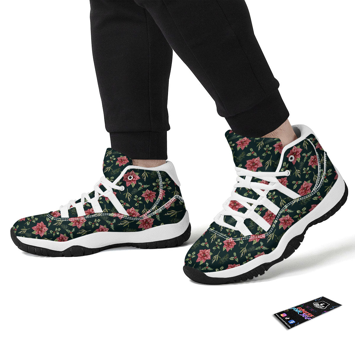 Poinsettia Christmas Watercolor Print Pattern White Bball Shoes-grizzshop