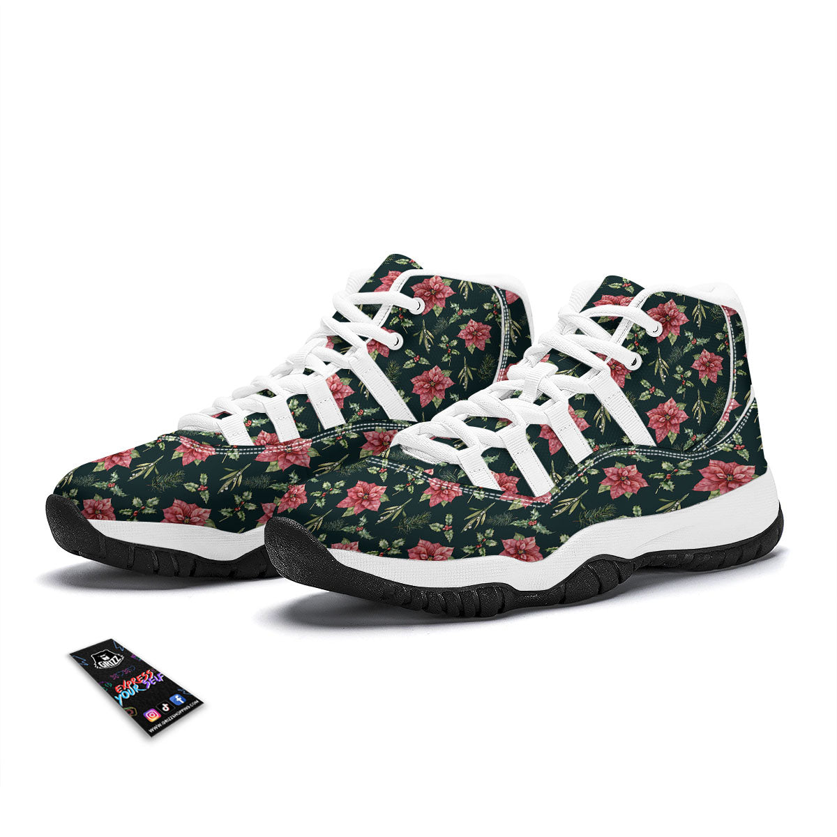 Poinsettia Christmas Watercolor Print Pattern White Bball Shoes-grizzshop