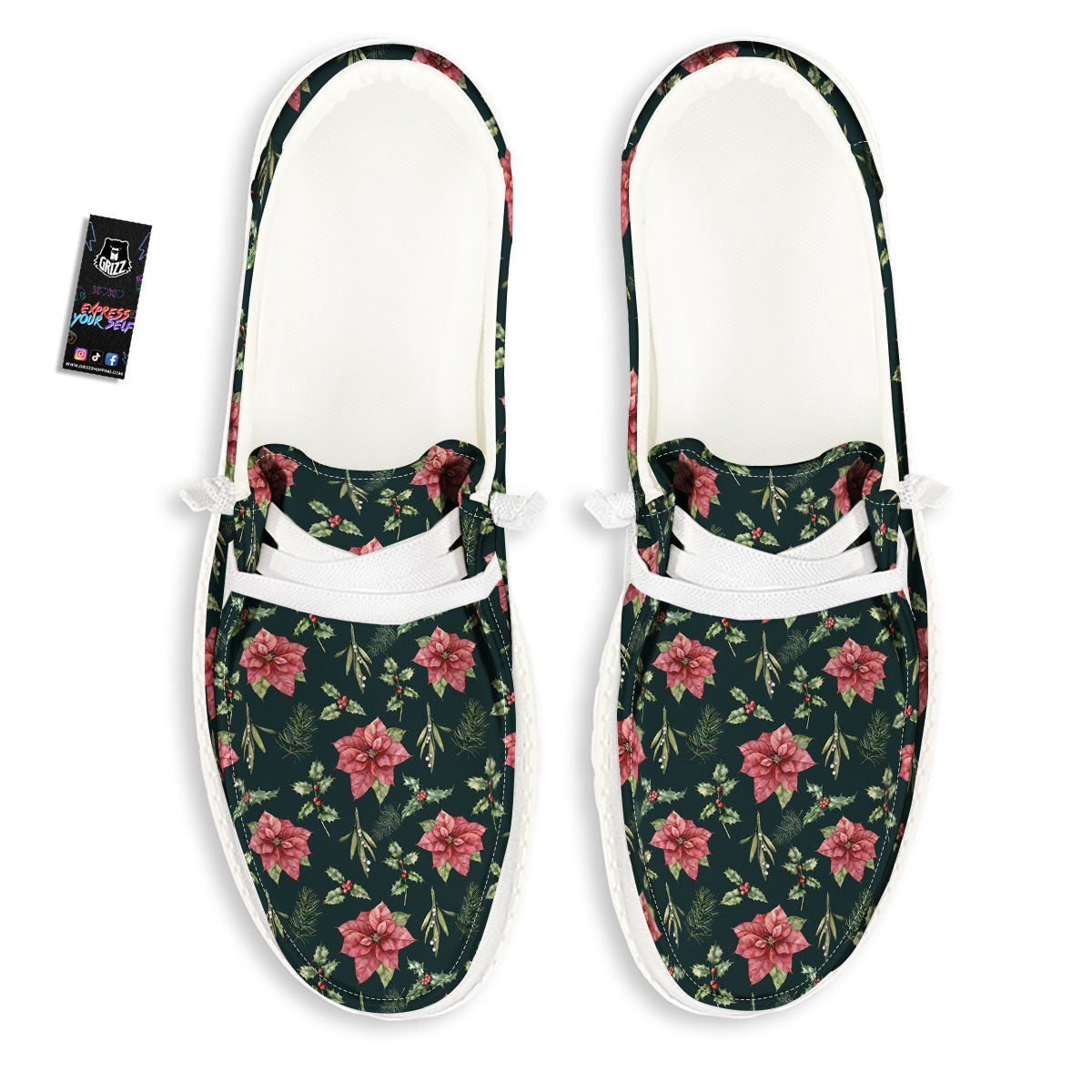 Poinsettia Christmas Watercolor Print Pattern White Loafers-grizzshop