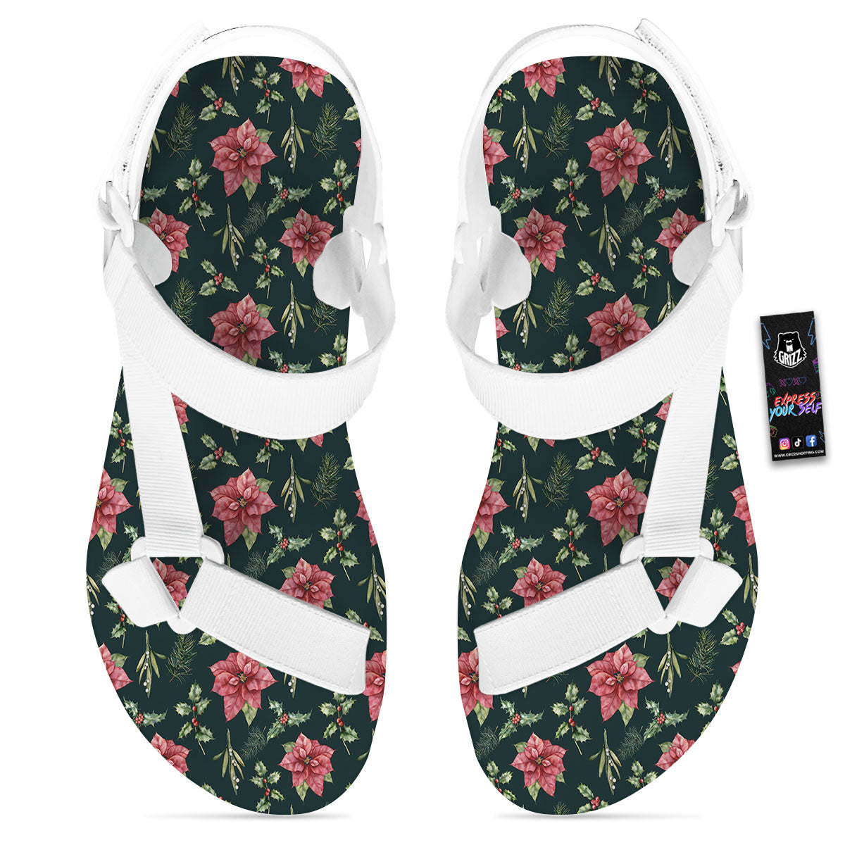 Poinsettia Christmas Watercolor Print Pattern White Open Toe Sandals-grizzshop
