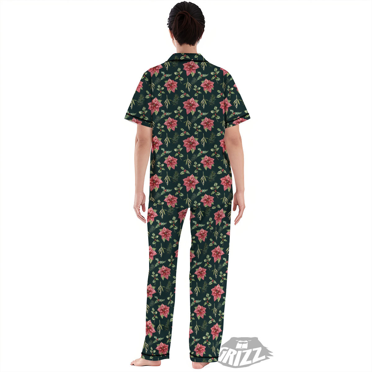 Poinsettia Christmas Watercolor Print Pattern Women's Pajamas Set-grizzshop