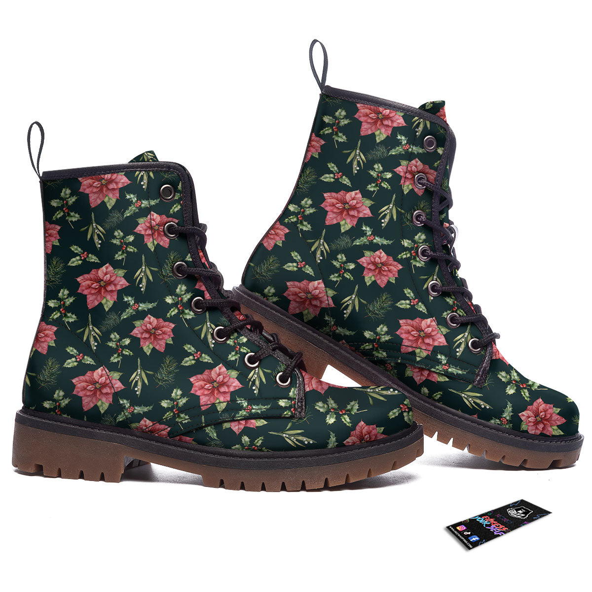Poinsettia Christmas Watercolor Print Pattern Work Boots-grizzshop
