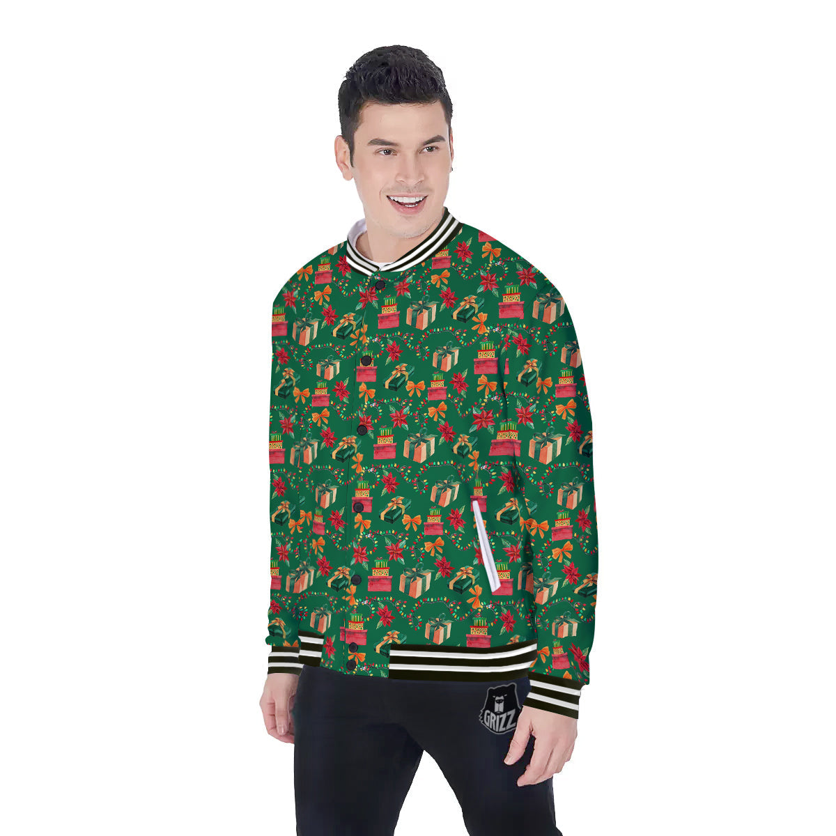 Poinsettia Cute Christmas Print Pattern Baseball Jacket-grizzshop