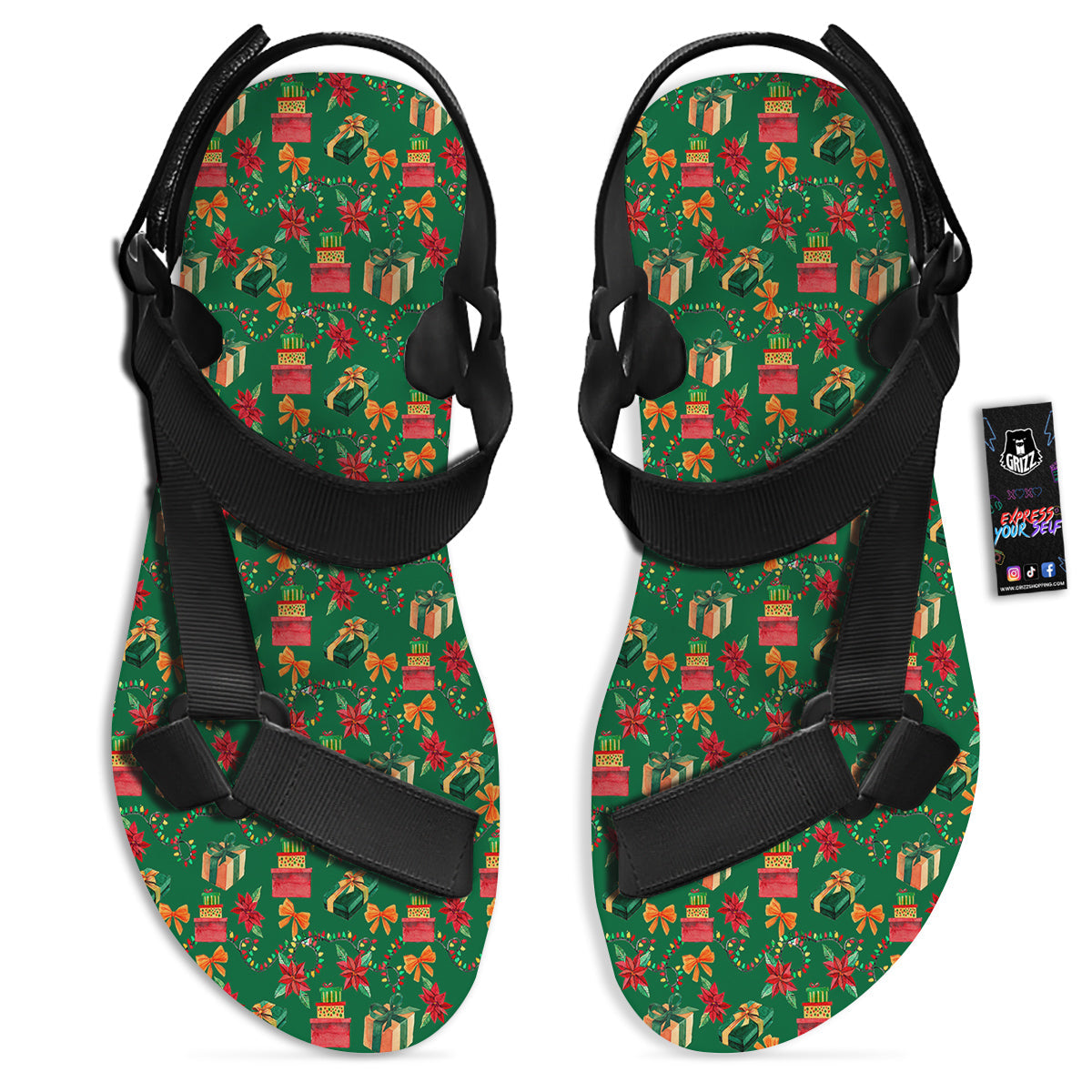 Poinsettia Cute Christmas Print Pattern Black Open Toe Sandals-grizzshop