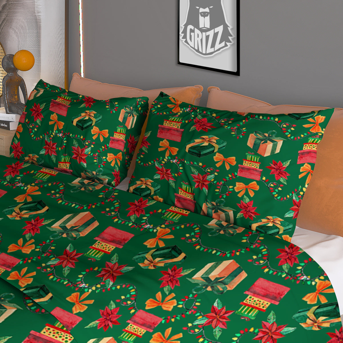 Poinsettia Cute Christmas Print Pattern Duvet Cover Bedding Set