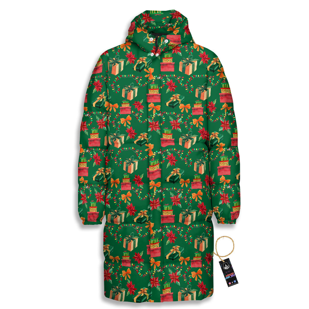 Poinsettia Cute Christmas Print Pattern Long Down Jacket-grizzshop