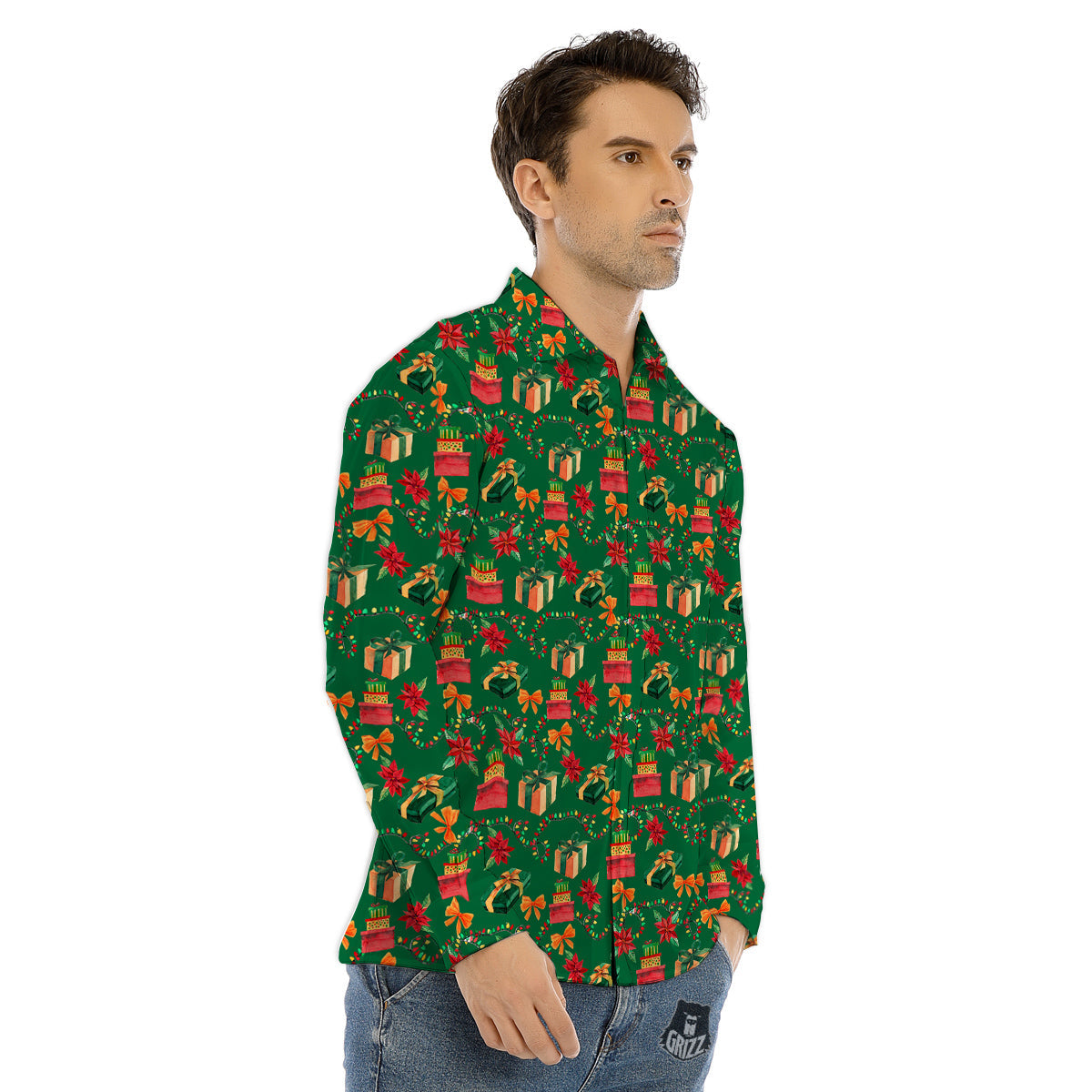 Poinsettia Cute Christmas Print Pattern Men's Dress Shirts-grizzshop