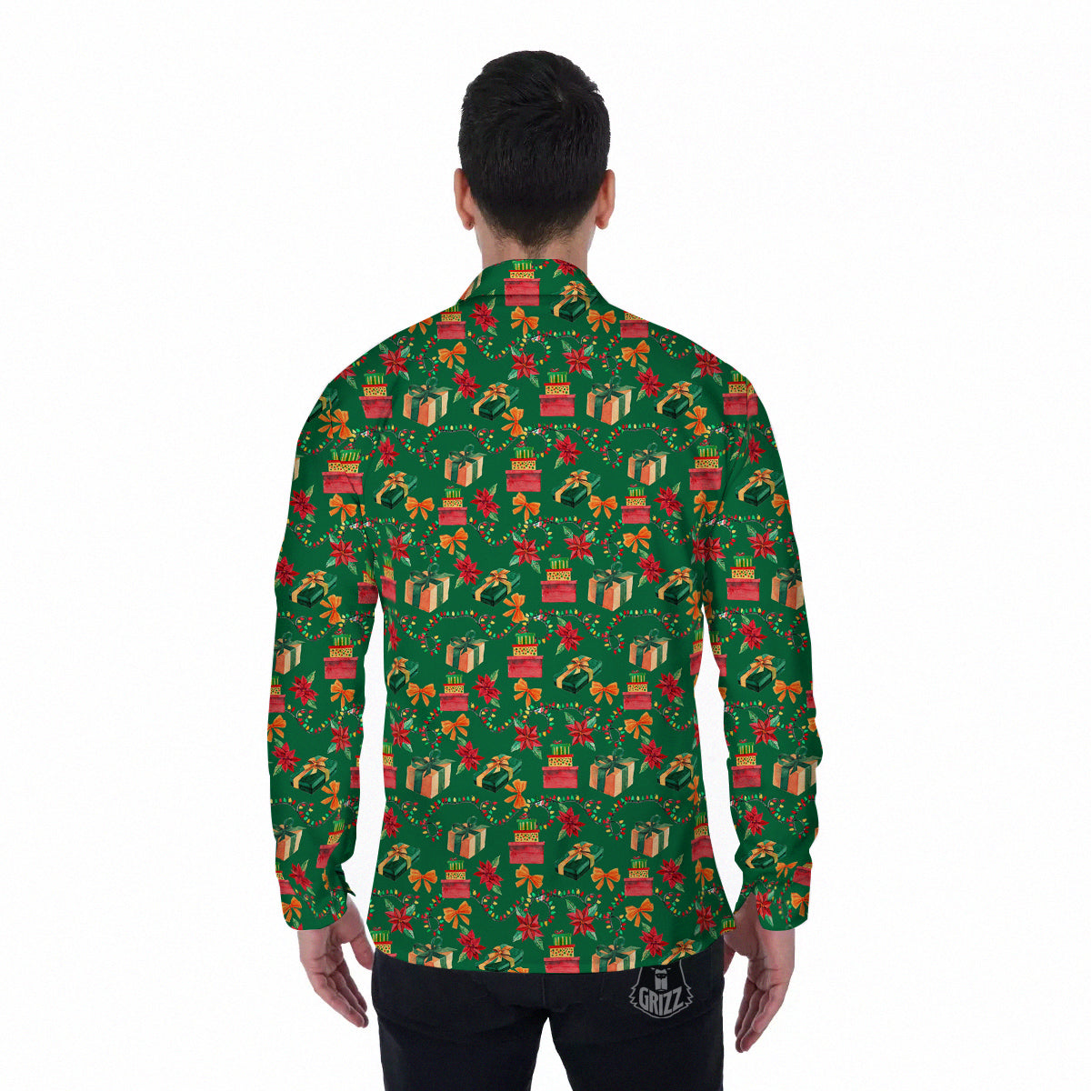 Poinsettia Cute Christmas Print Pattern Men's Long Sleeve Shirts-grizzshop