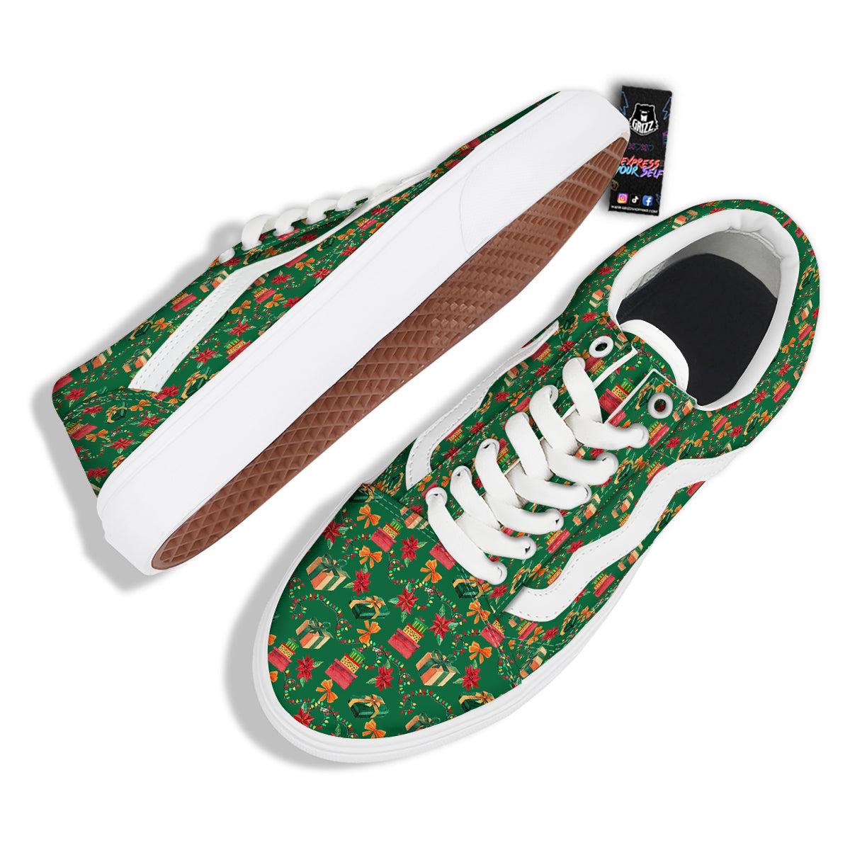 Poinsettia Cute Christmas Print Pattern Skate Shoes-grizzshop