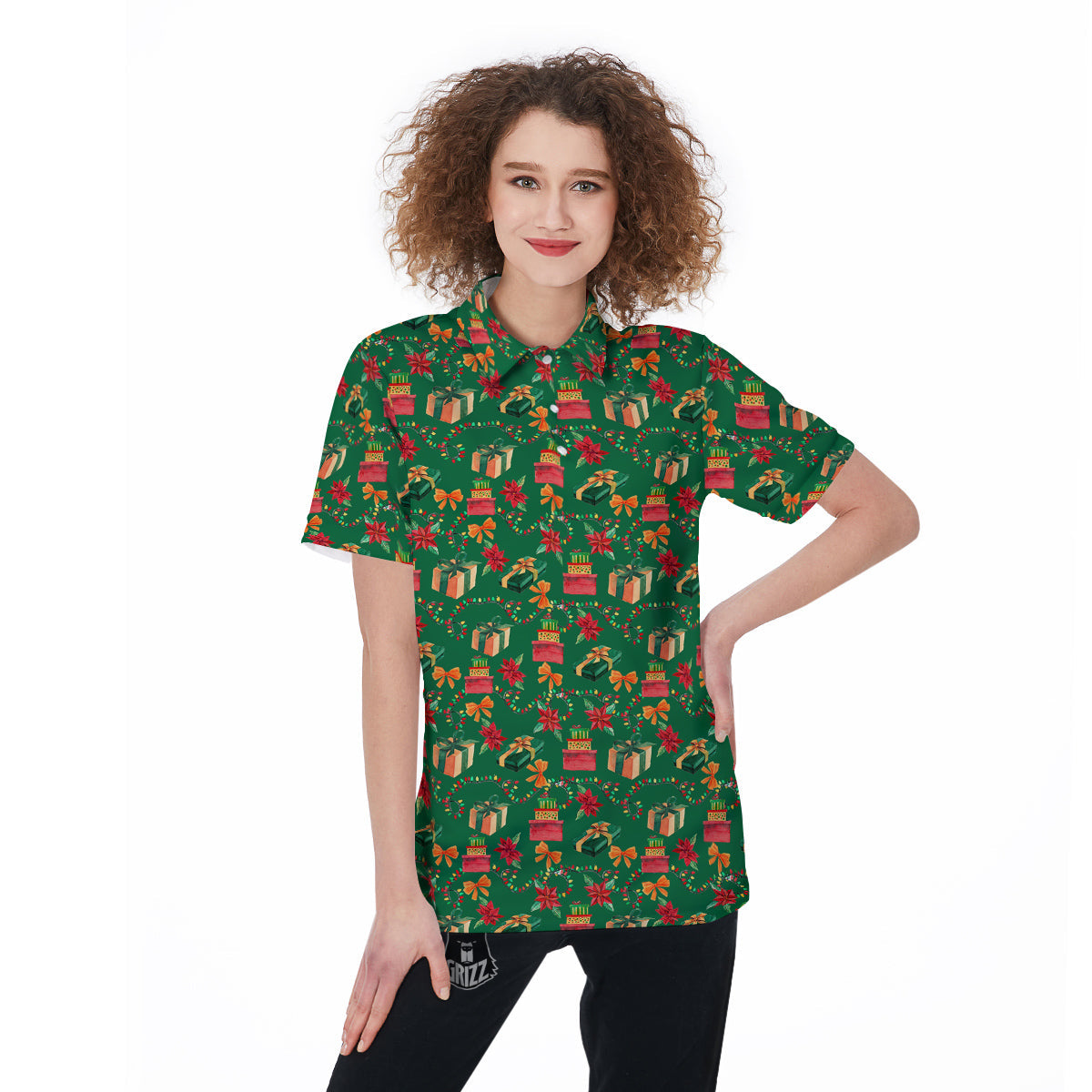 Poinsettia Cute Christmas Print Pattern Women's Golf Shirts-grizzshop