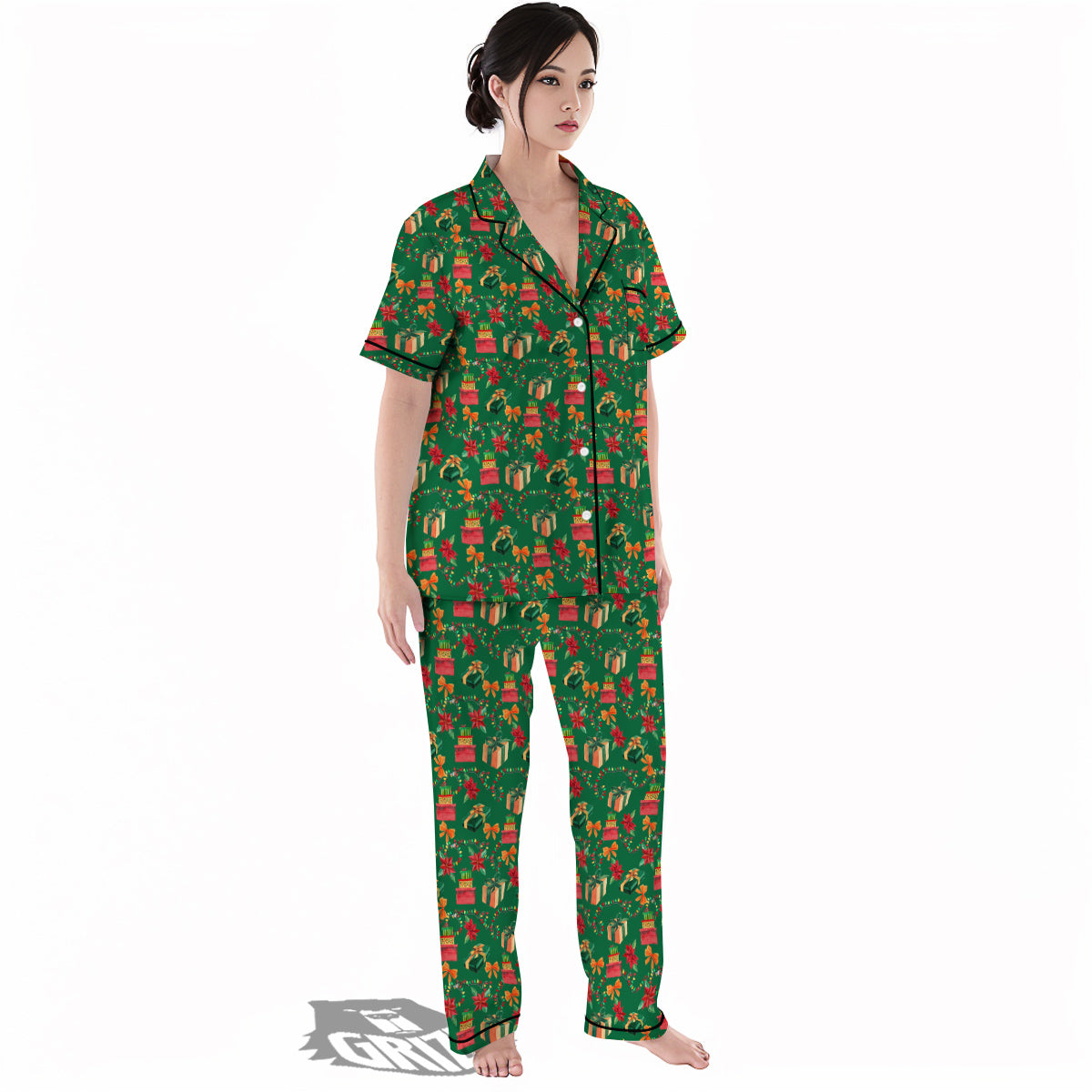 Poinsettia Cute Christmas Print Pattern Women's Pajamas Set-grizzshop