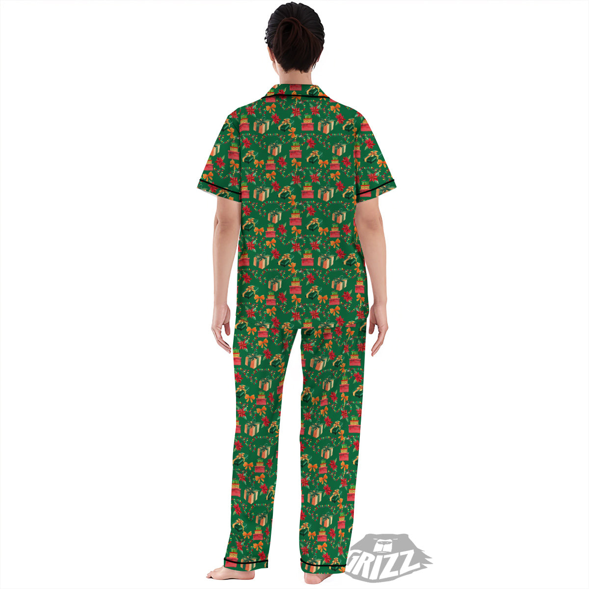Poinsettia Cute Christmas Print Pattern Women's Pajamas Set-grizzshop