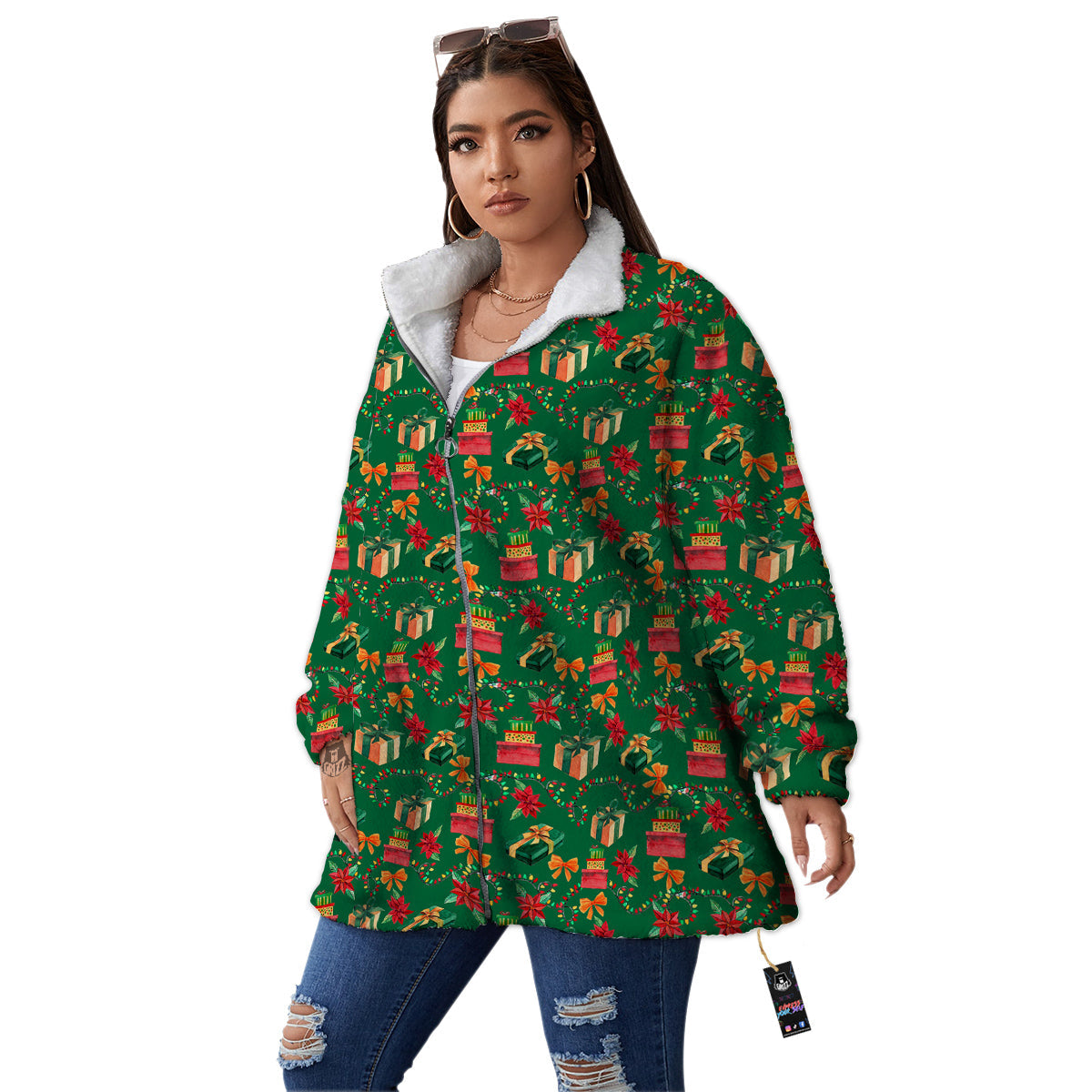 Poinsettia Cute Christmas Print Pattern Women's Sherpa Jacket-grizzshop